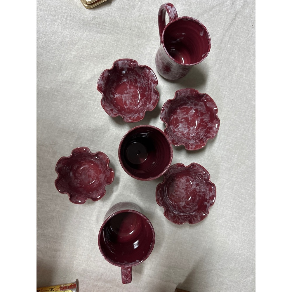 McNeills Handmade Studio Pottery Set 7pc Bordeaux Red Ruffled Bowls Mugs Tumbler